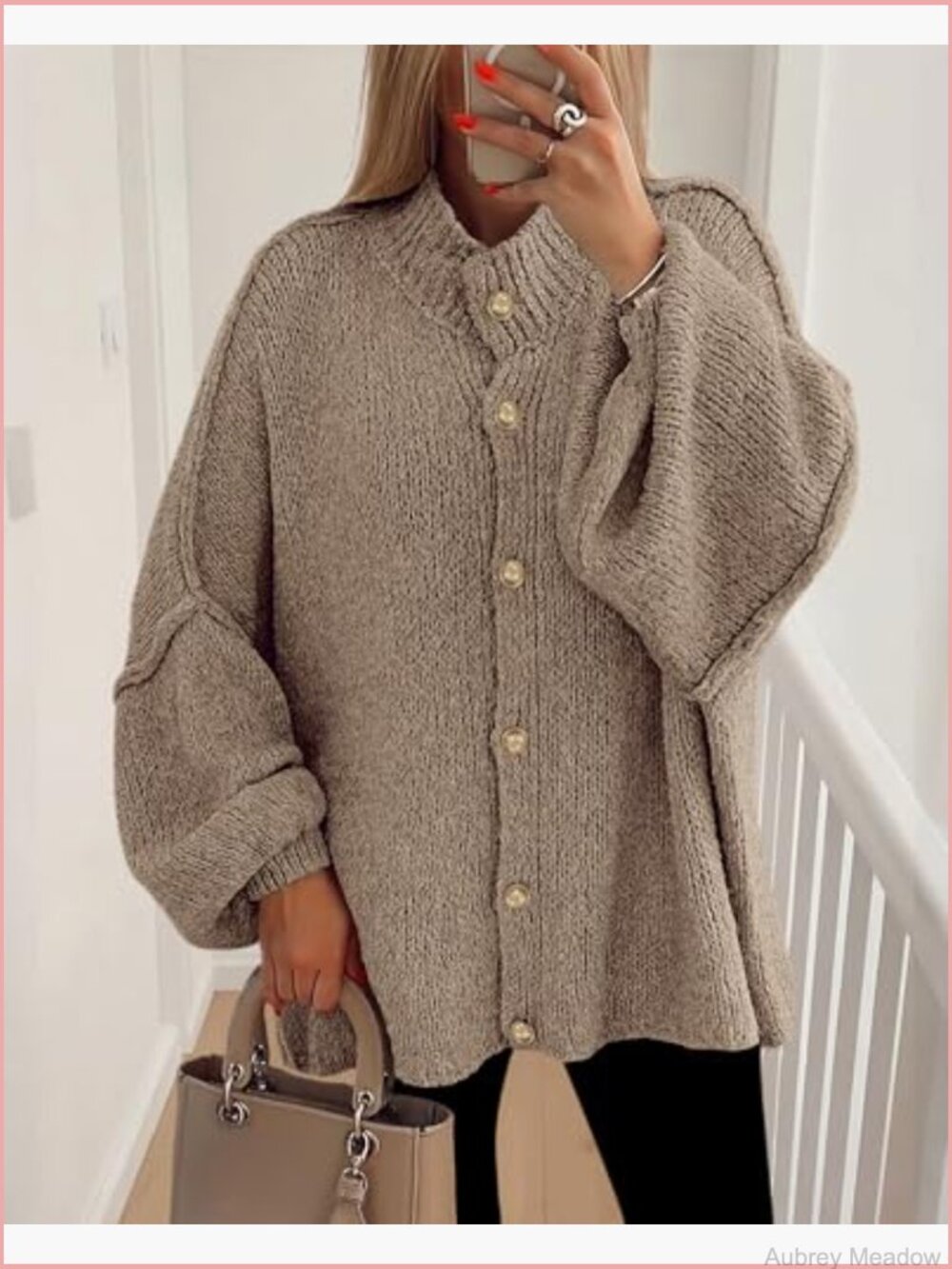 Chunky Knit Cardigan Open Front Lantern Sleeve Oversized Sweater - Picture 2 of 7